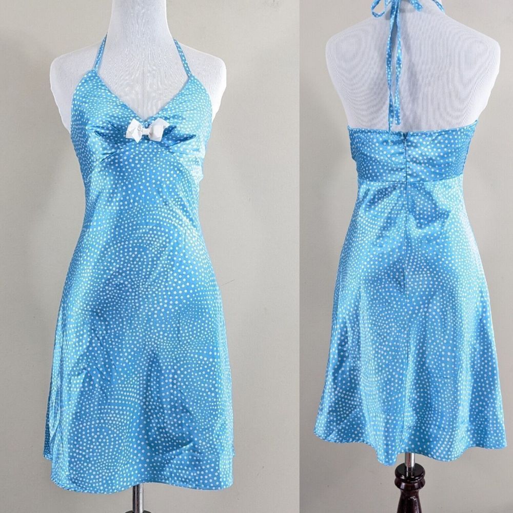 Size 3 Y2K Blue And White Dots Mini Dress - jessica mcclintock For Gunne Sax